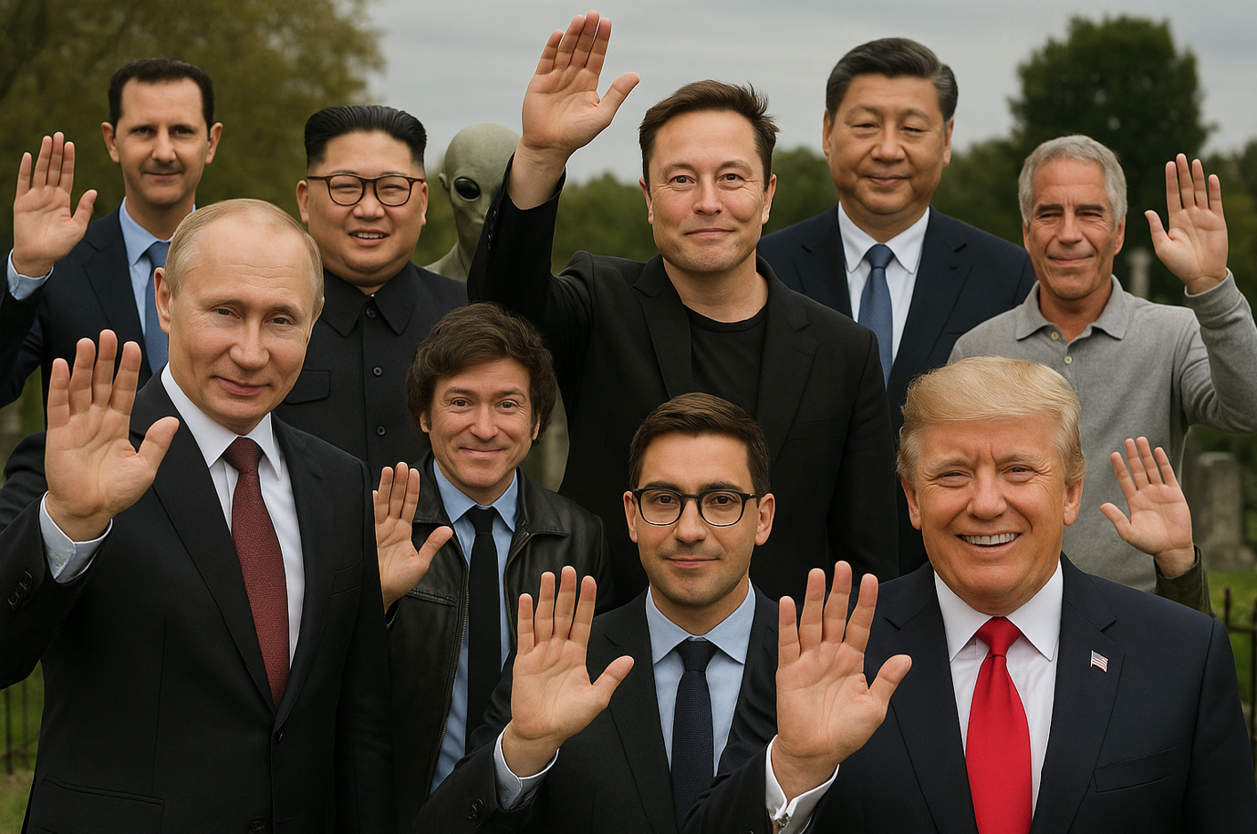 Gruppenfoto mit mehreren Personen, die winken